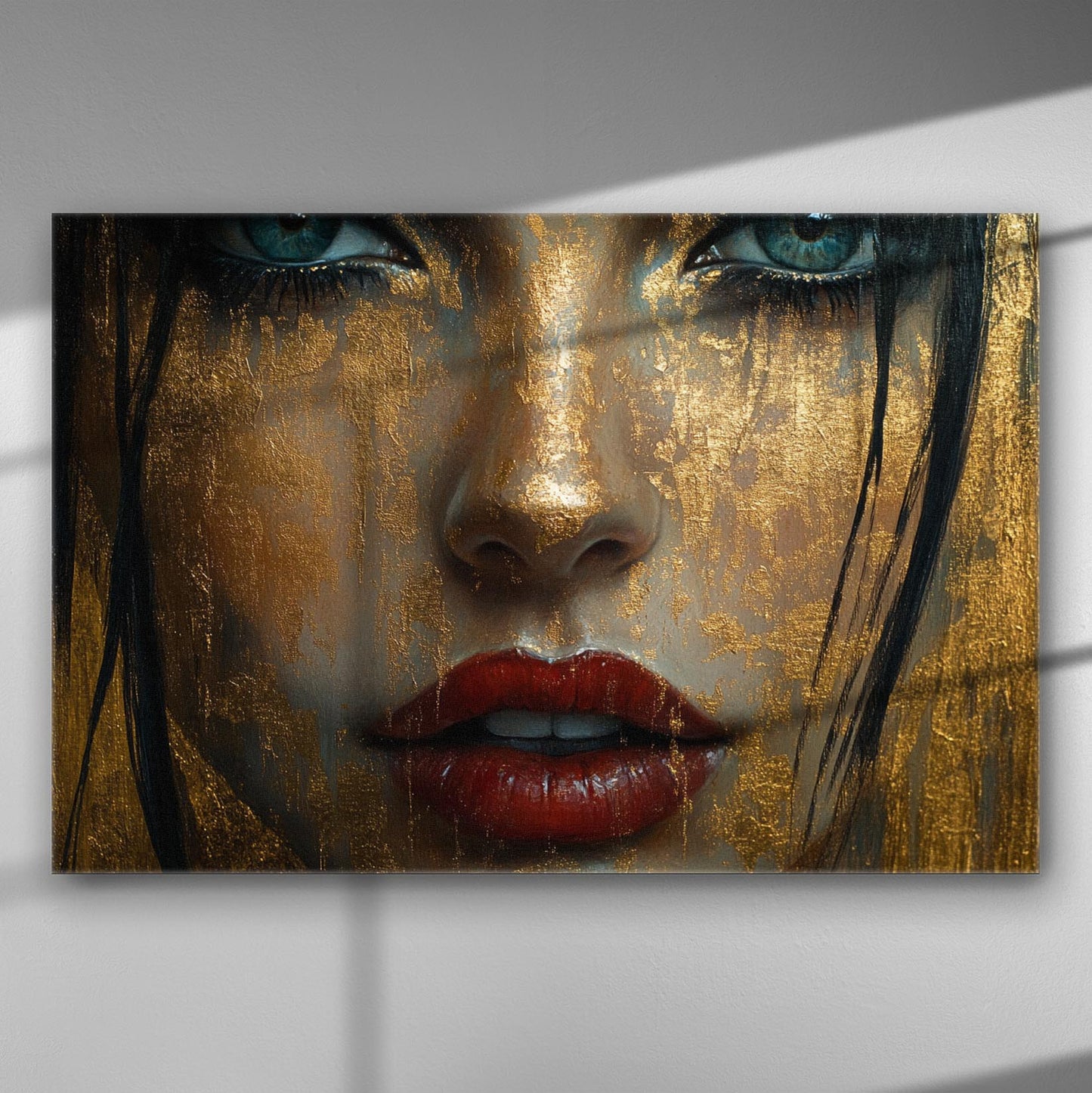 Close-up portrait with golden texture and deep blue eyes, abstract art canvas.