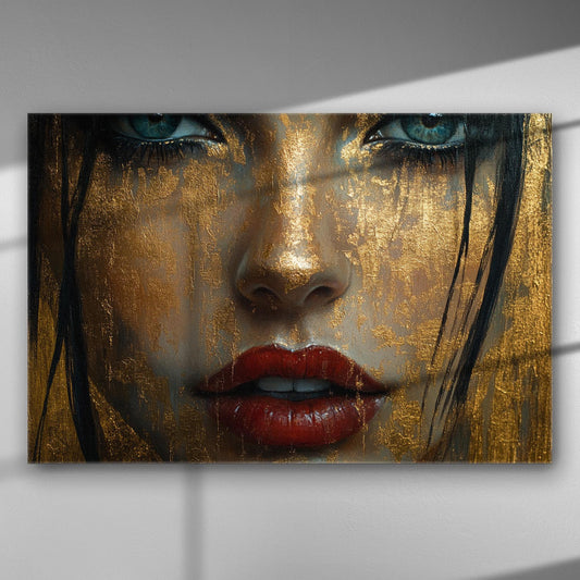 Close-up portrait with golden texture and deep blue eyes, abstract art canvas.