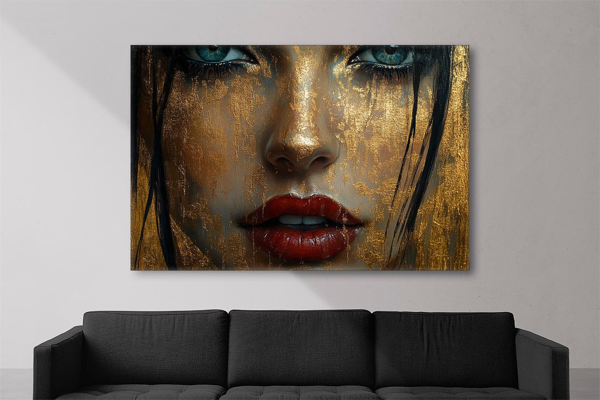 Close-up portrait with golden texture and deep blue eyes, abstract art canvas.