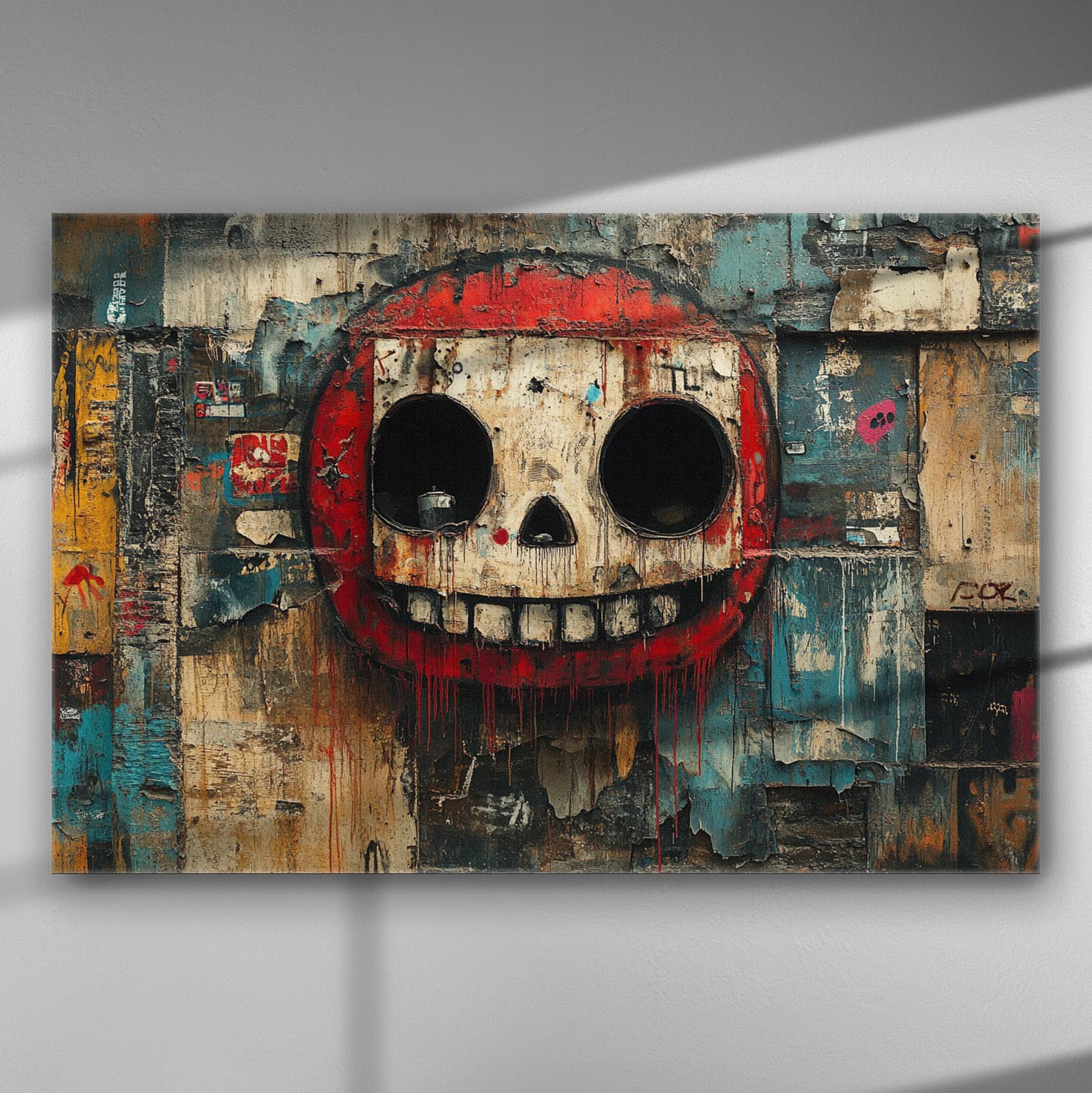 Urban art with bold colors on canvas featuring a skull design with expressive textures.