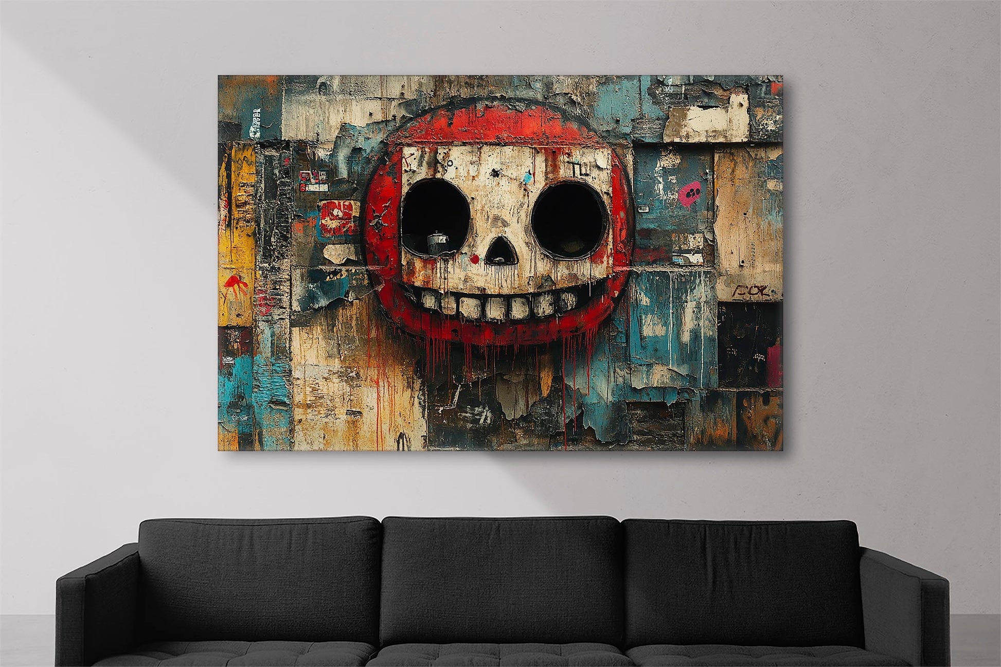 Urban art with bold colors on canvas featuring a skull design with expressive textures.