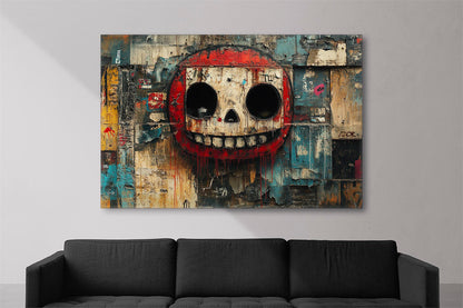 Urban art with bold colors on canvas featuring a skull design with expressive textures.