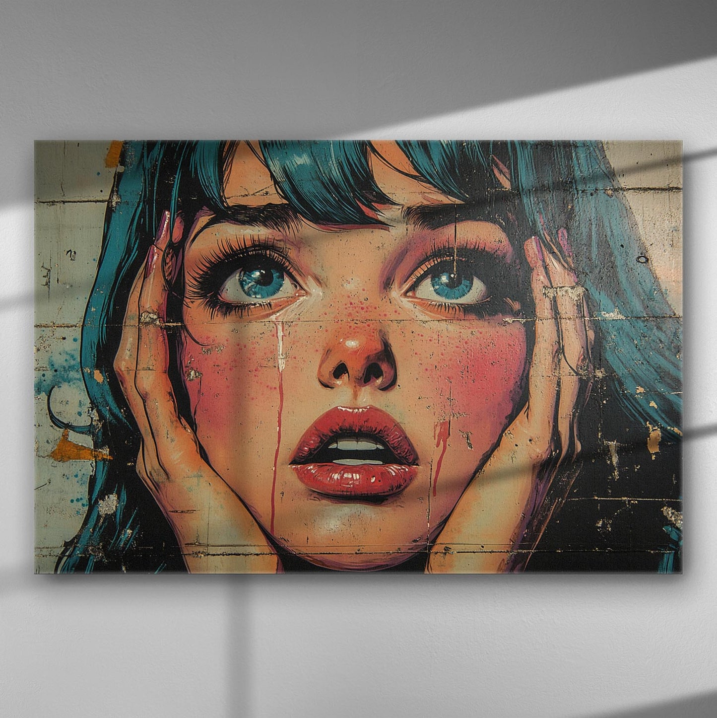 Pop art style portrait of a woman with an expression of surprise and vivid colors.