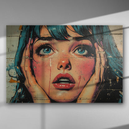 Pop art style portrait of a woman with an expression of surprise and vivid colors.