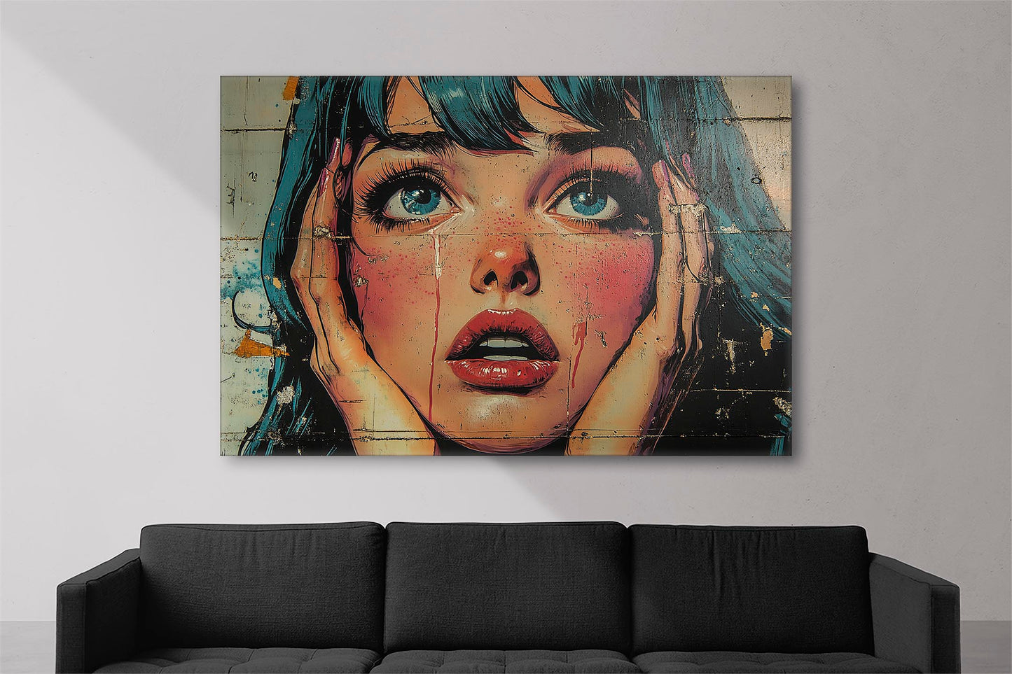 Pop art style portrait of a woman with an expression of surprise and vivid colors.