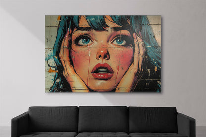 Pop art style portrait of a woman with an expression of surprise and vivid colors.