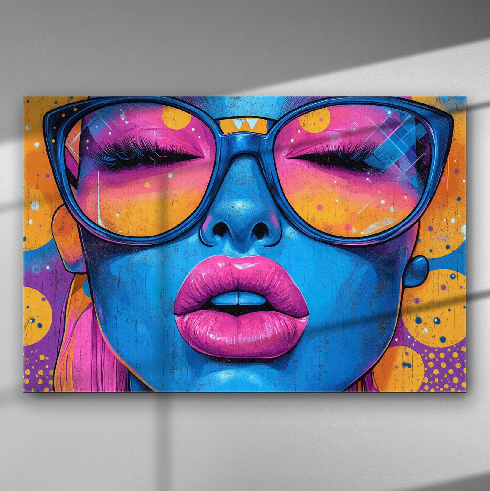 Canvas print of a vibrant face with blue skin and large pink sunglasses, set against a colorful background.