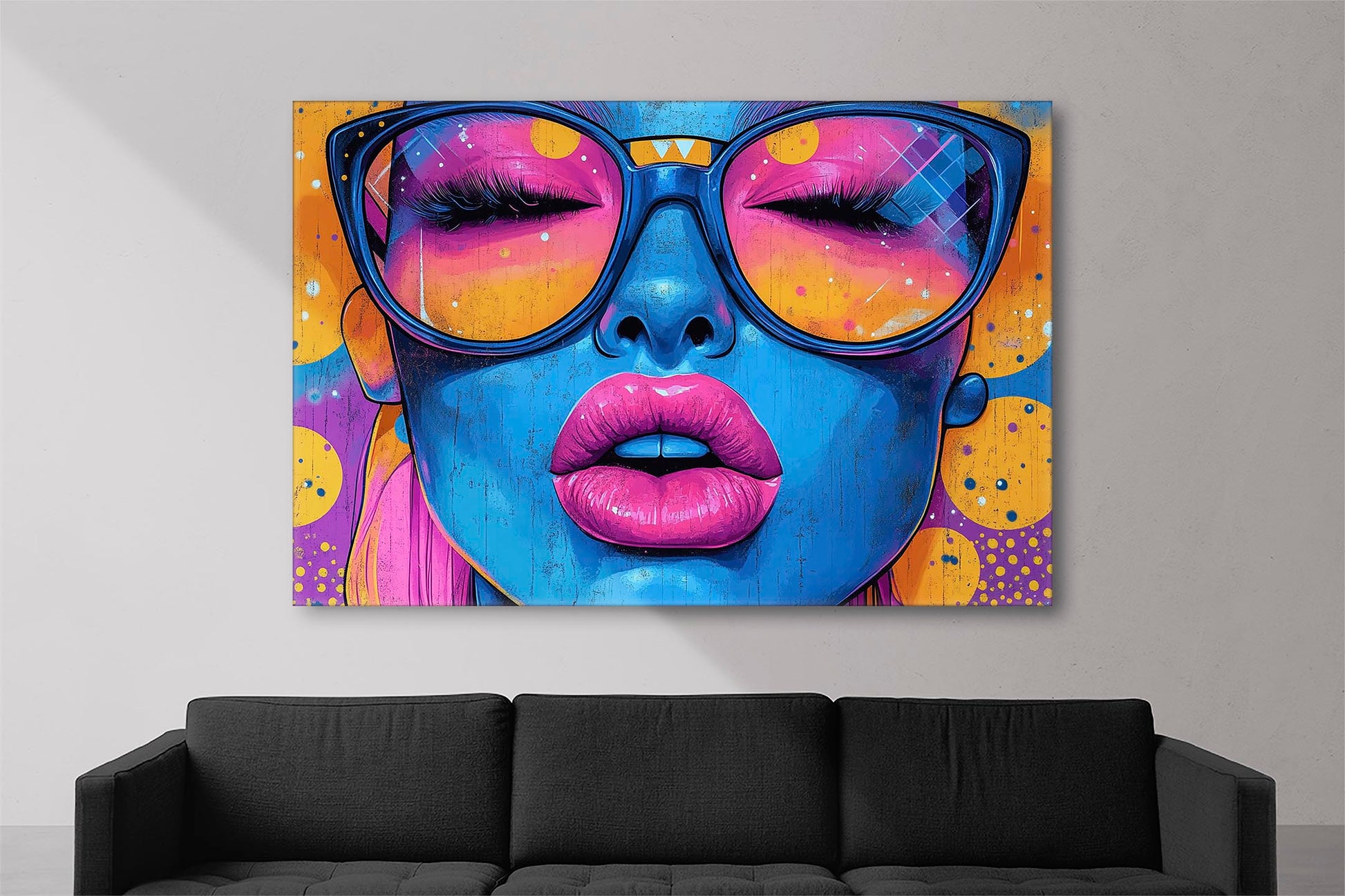 Canvas print of a vibrant face with blue skin and large pink sunglasses, set against a colorful background.
