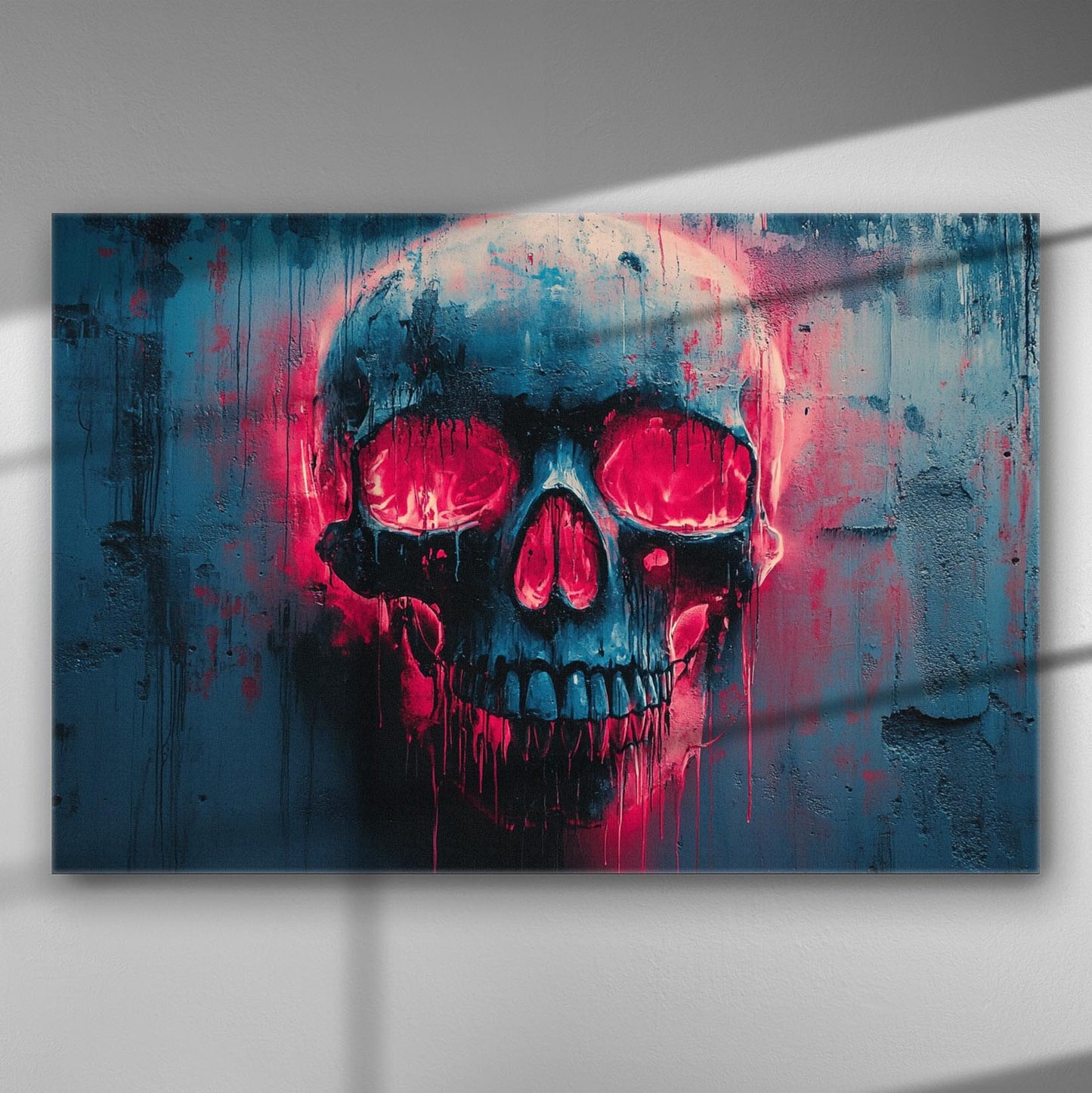 Dark and mysterious skull with red and blue contrast on canvas.