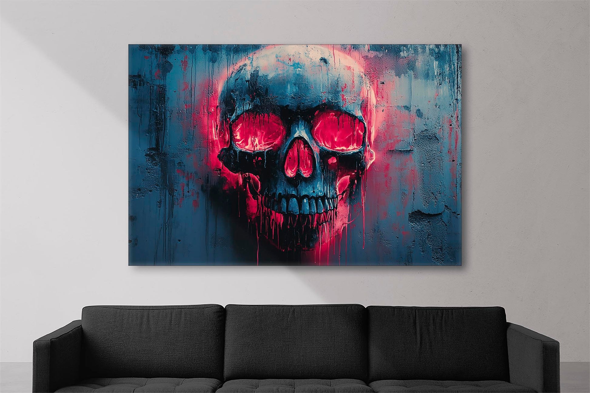 Dark and mysterious skull with red and blue contrast on canvas.