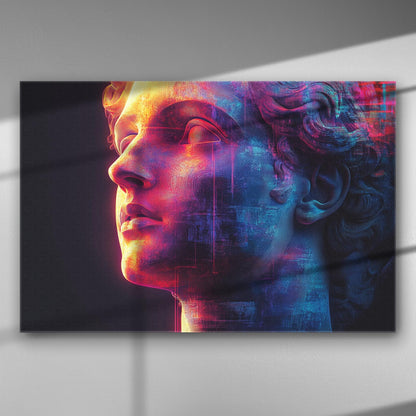 Neoclassical digital art with neon colors on a canvas print.