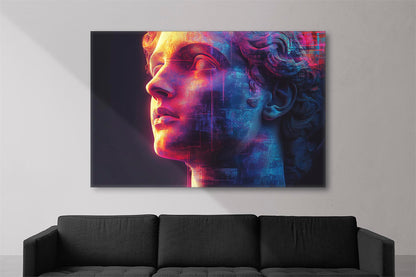 Neoclassical digital art with neon colors on a canvas print.