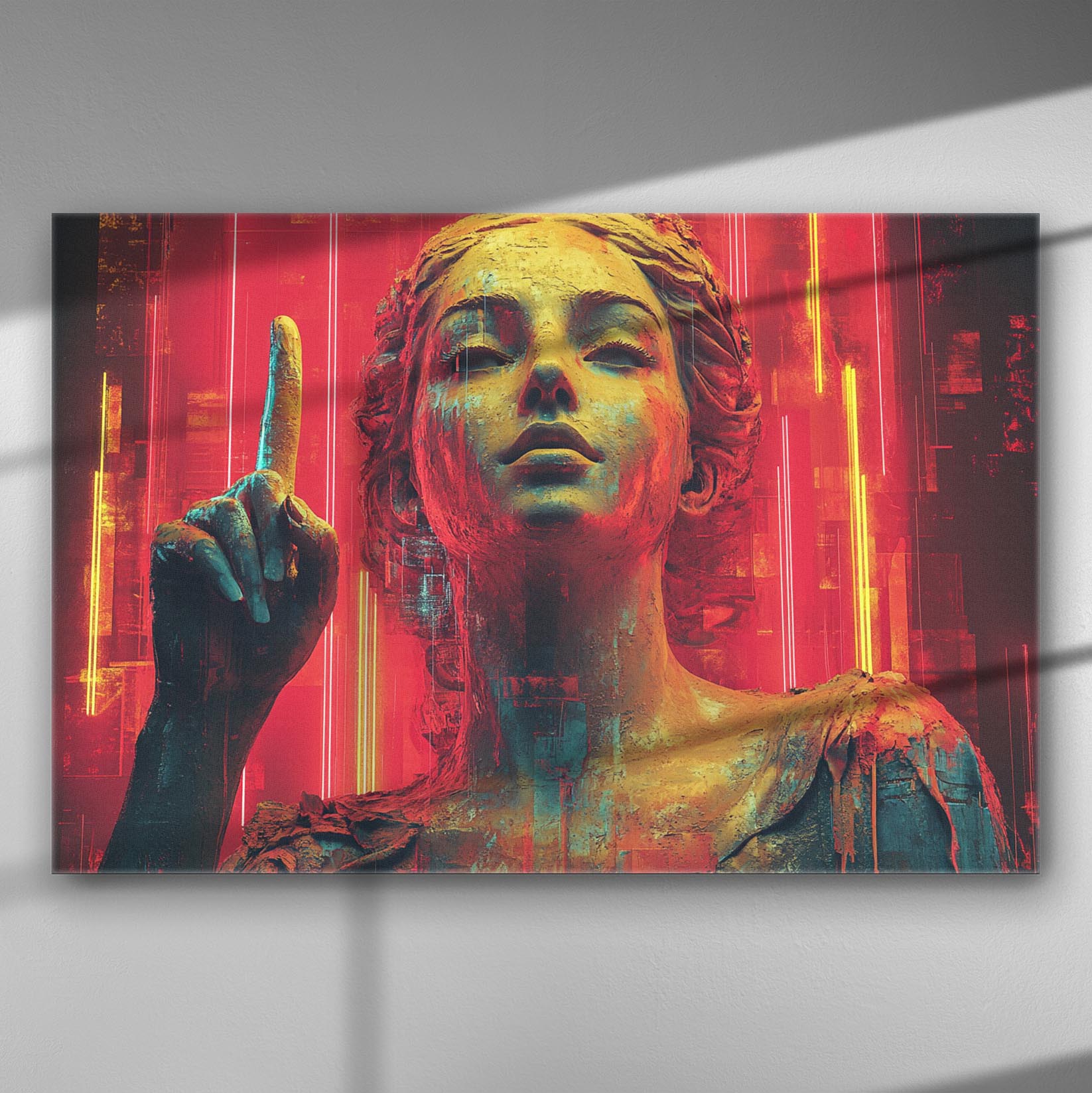 Canvas print of a woman's bust in vibrant red and gold tones with an ethereal expression.