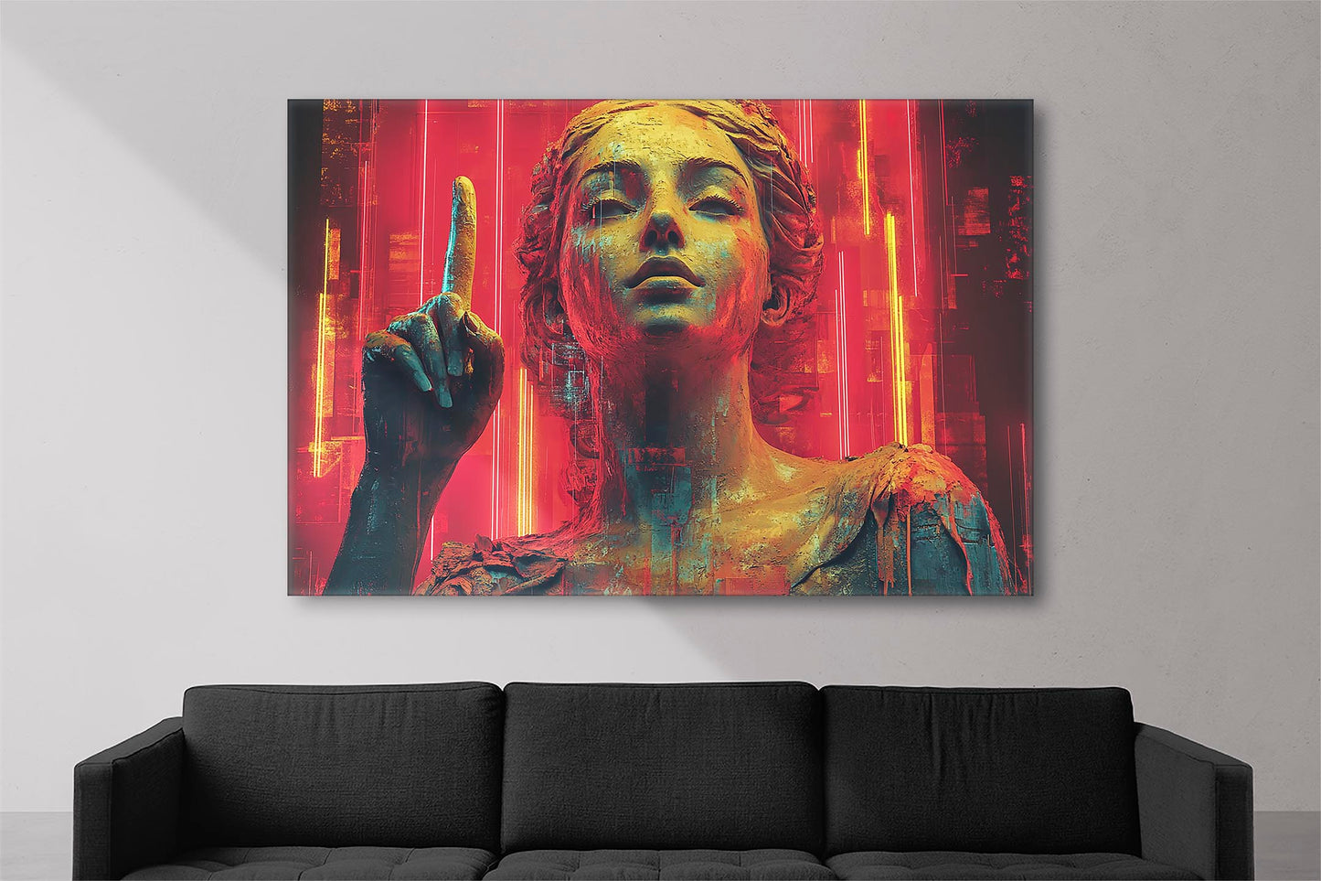 Canvas print of a woman's bust in vibrant red and gold tones with an ethereal expression.