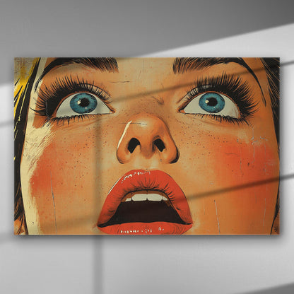 Pop art style canvas print of a woman's surprised face with bright colors.