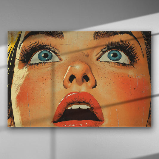 Pop art style canvas print of a woman's surprised face with bright colors.