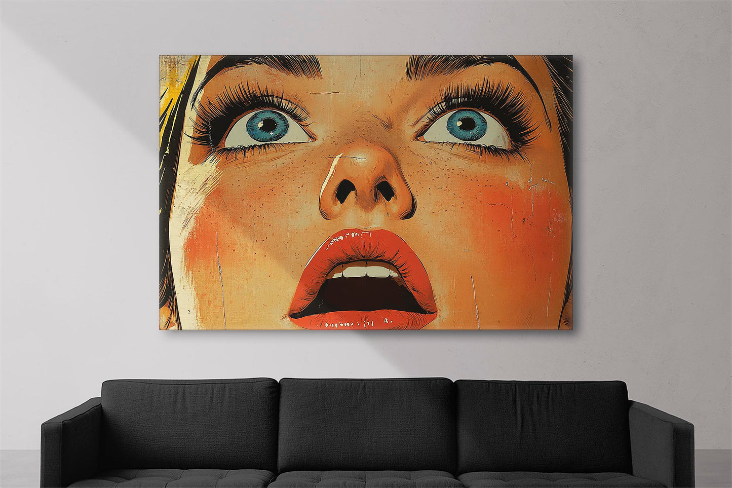 Pop art style canvas print of a woman's surprised face with bright colors.