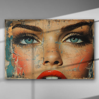 Canvas print of a woman's intense gaze with blue eyes and red lips, featuring textured artistic elements.