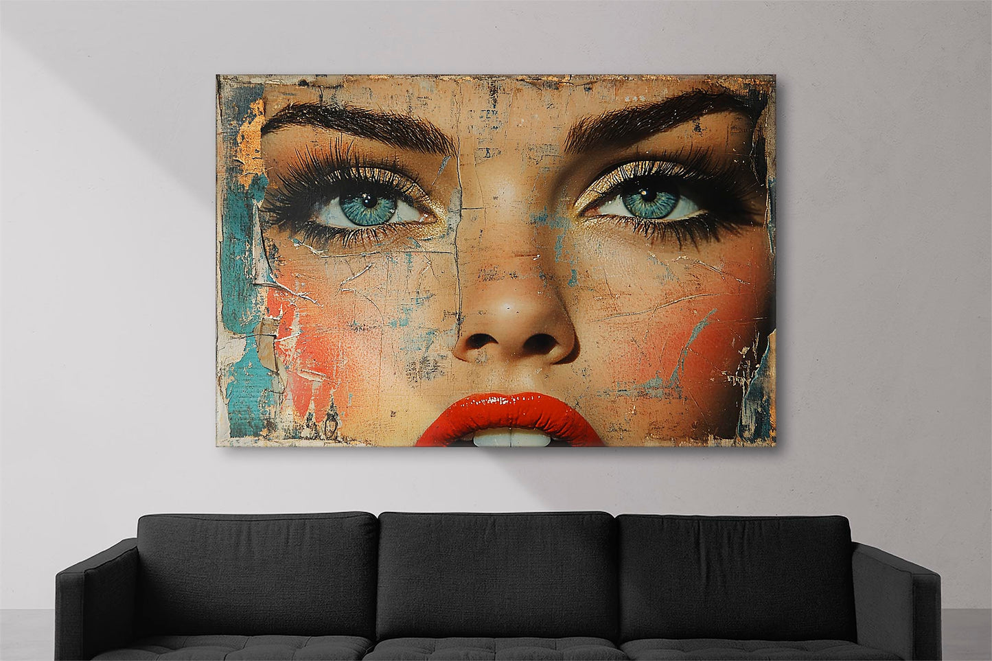 Canvas print of a woman's intense gaze with blue eyes and red lips, featuring textured artistic elements.