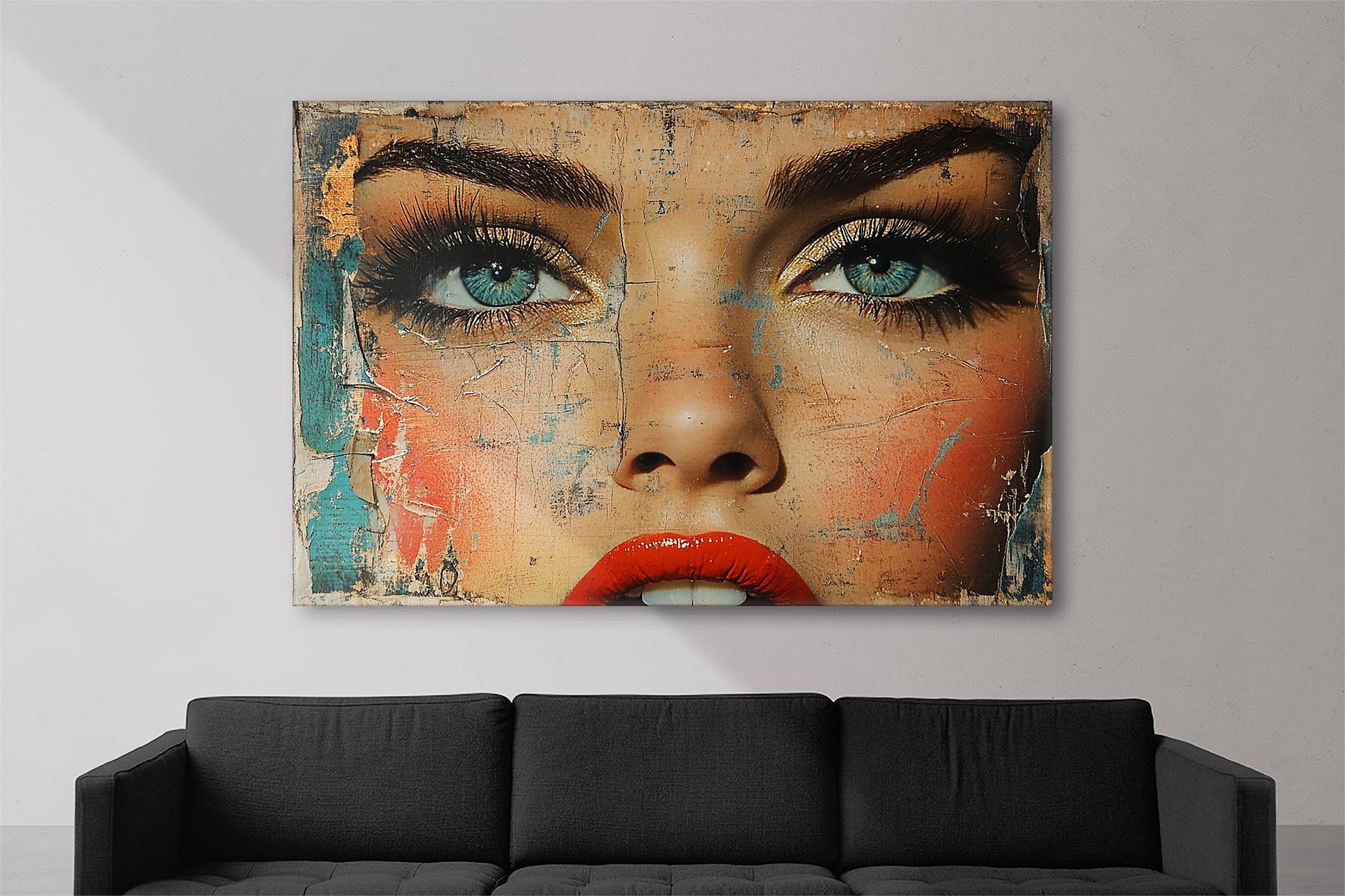 Canvas print of a woman's intense gaze with blue eyes and red lips, featuring textured artistic elements.