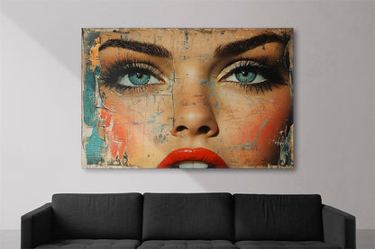 Canvas print of a woman's intense gaze with blue eyes and red lips, featuring textured artistic elements.