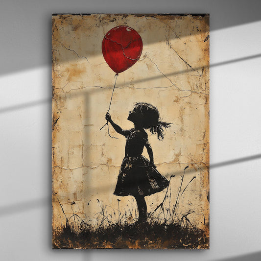 Silhouette of a girl holding a red balloon against a textured background.