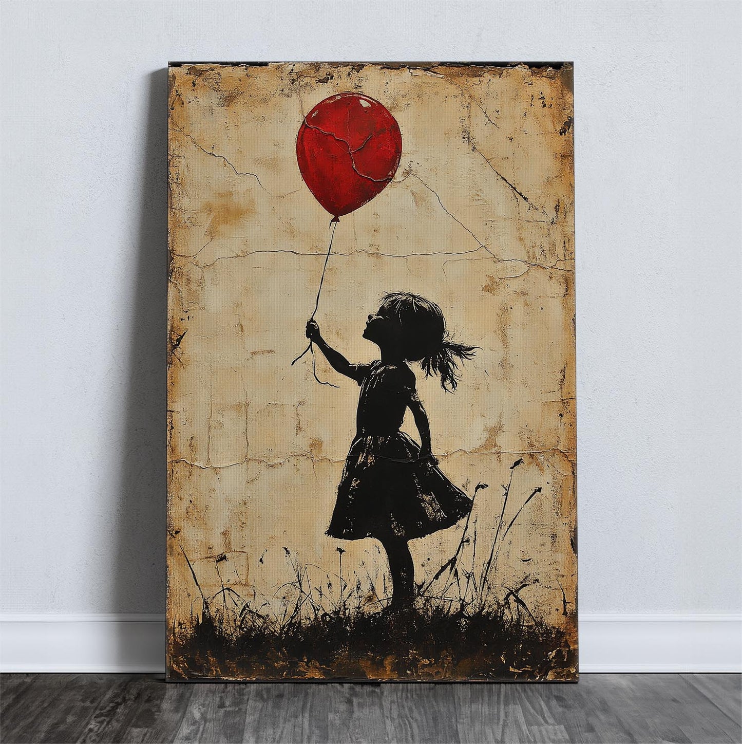 Silhouette of a girl holding a red balloon against a textured background.