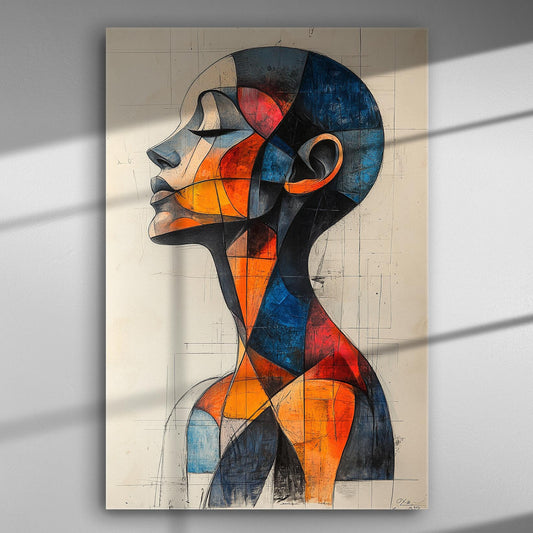 Abstract geometric portrait with colorful shapes, featuring blues, oranges, and reds on a canvas.