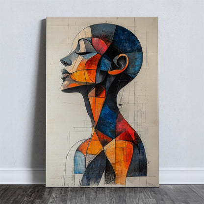 Abstract geometric portrait with colorful shapes, featuring blues, oranges, and reds on a canvas.