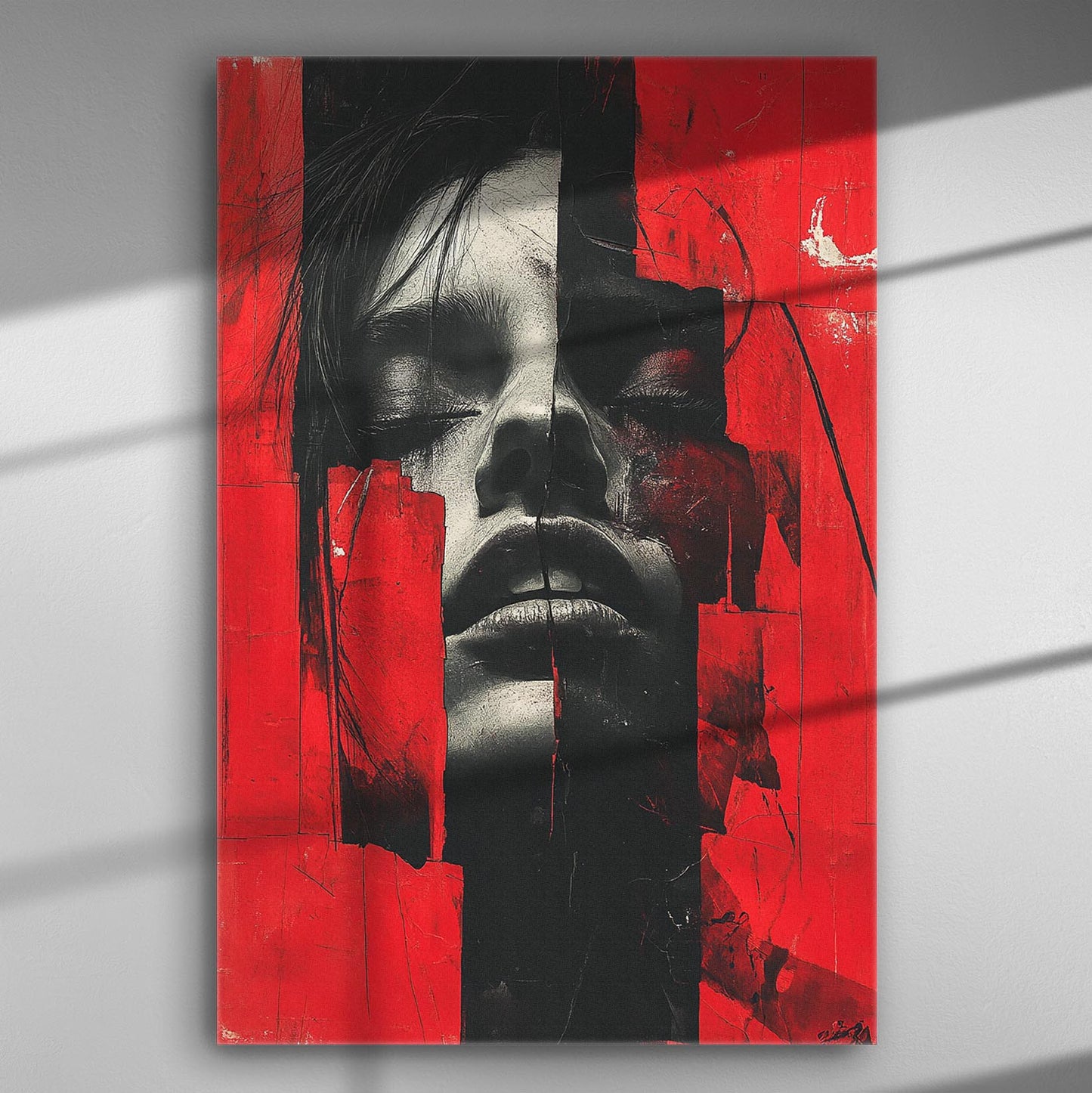 Abstract art with a fragmented human face in red and black on a canvas.