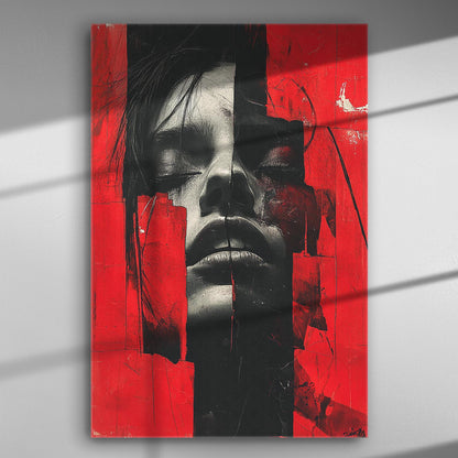 Abstract art with a fragmented human face in red and black on a canvas.
