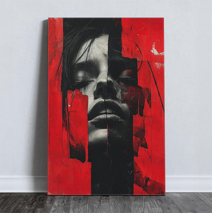 Abstract art with a fragmented human face in red and black on a canvas.