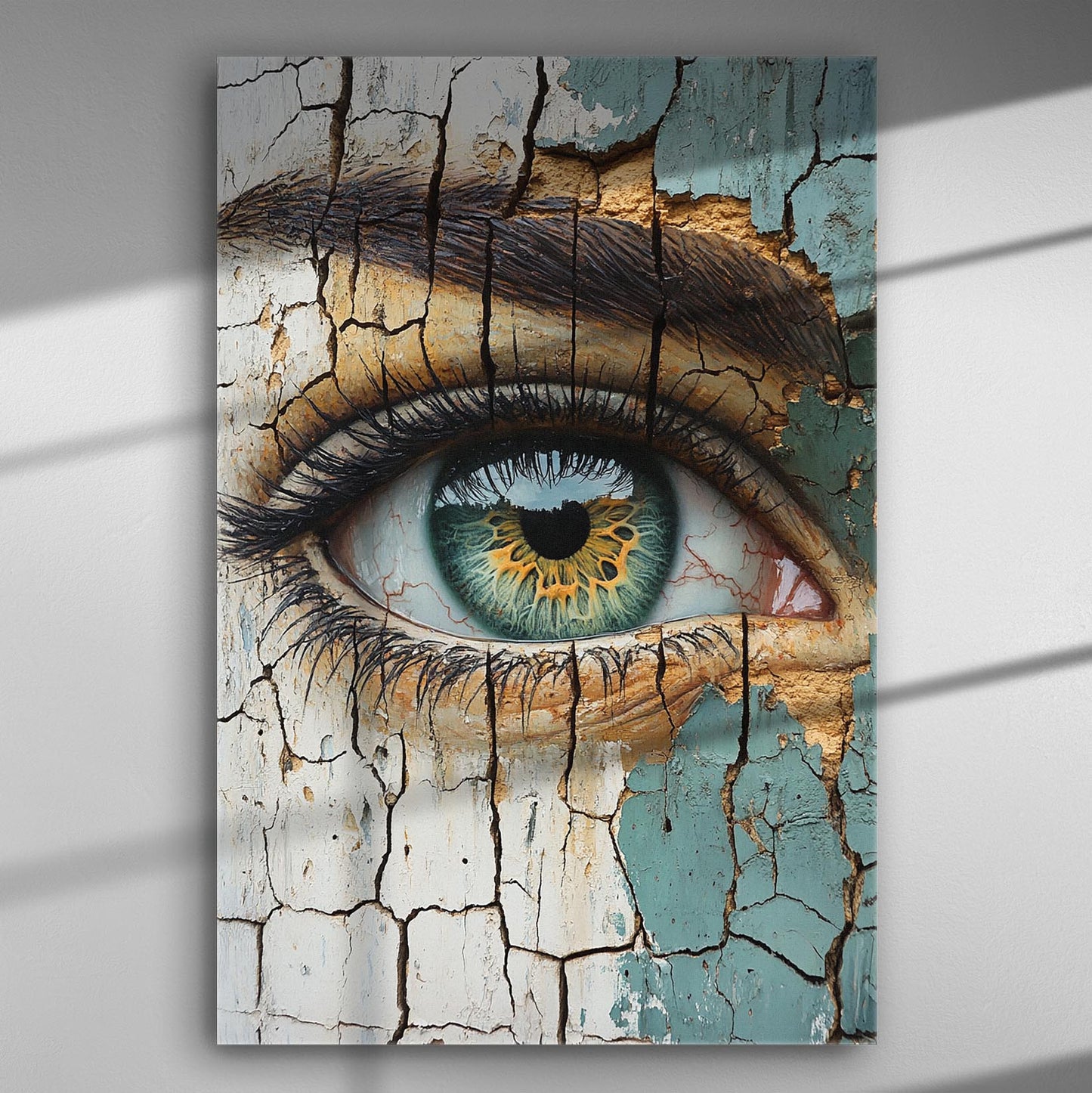 Close-up of a detailed eye with cracked texture on canvas print.