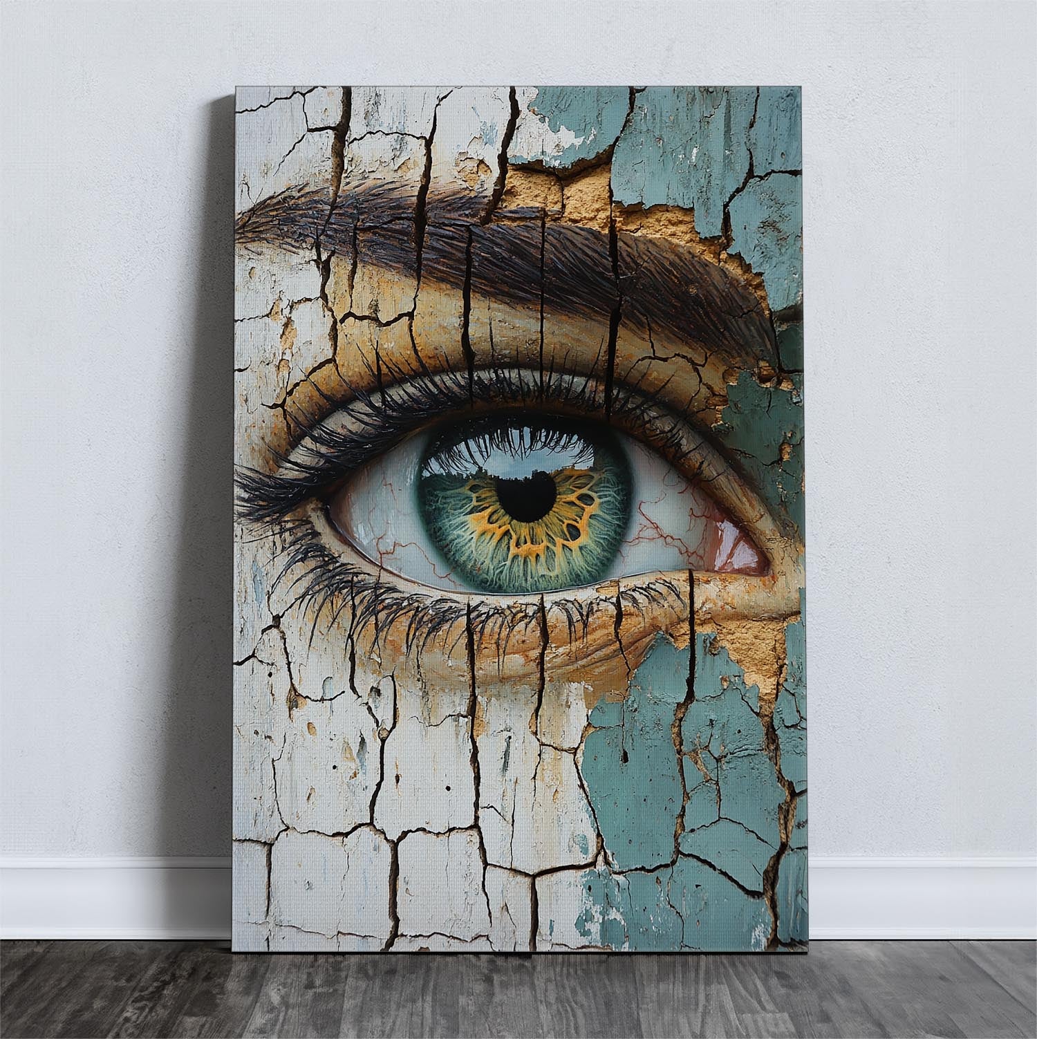 Close-up of a detailed eye with cracked texture on canvas print.