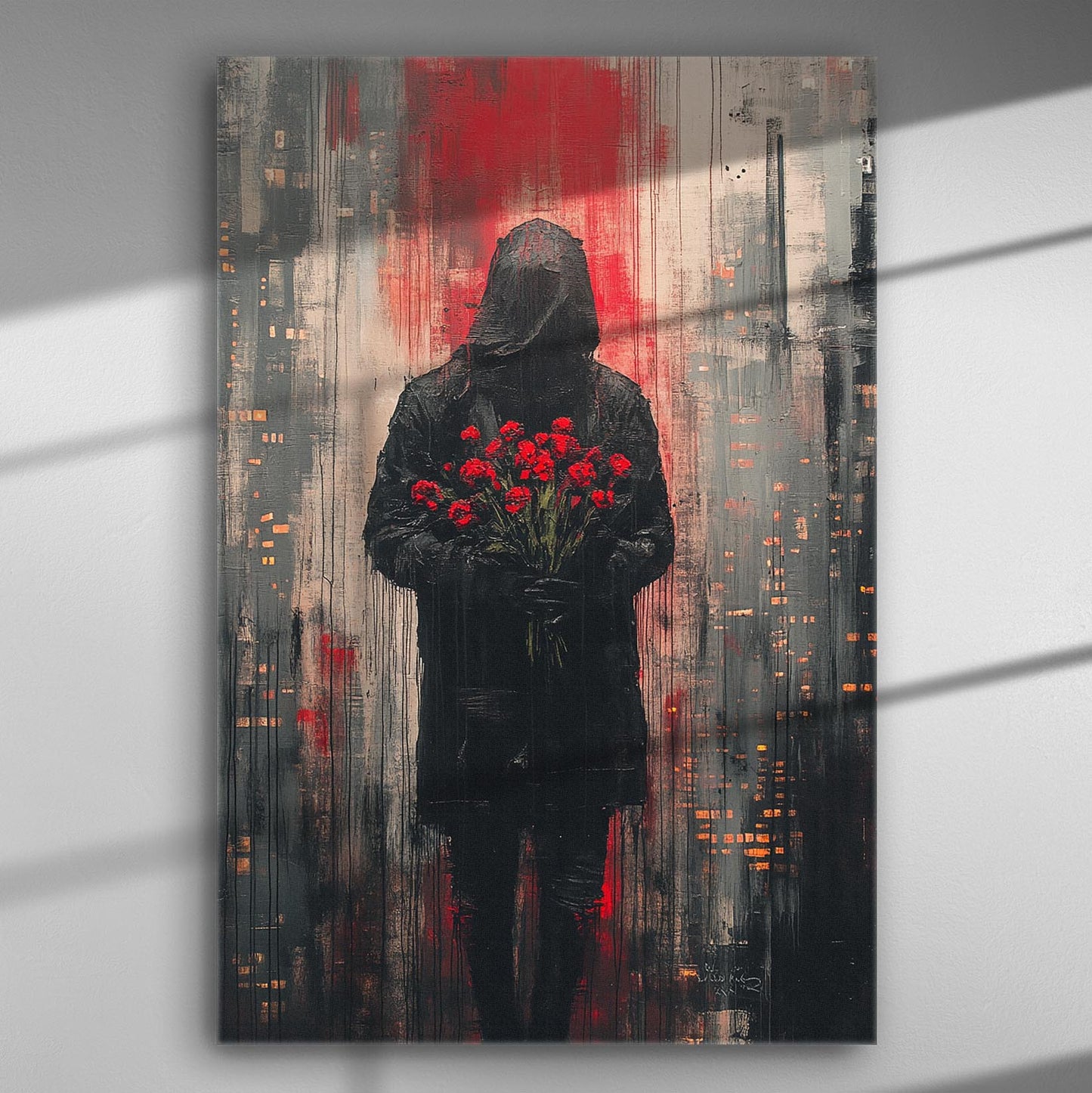 Mystical figure holding red flowers in front of an urban backdrop.