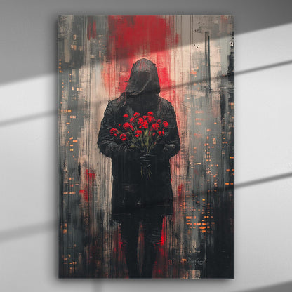Mystical figure holding red flowers in front of an urban backdrop.