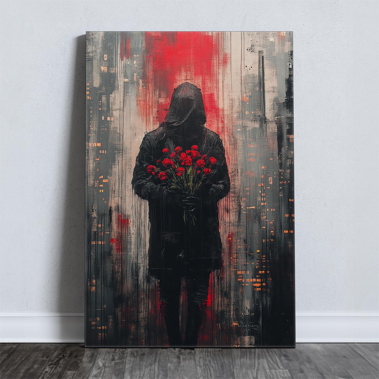 Mystical figure holding red flowers in front of an urban backdrop.