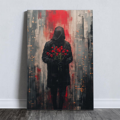 Mystical figure holding red flowers in front of an urban backdrop.