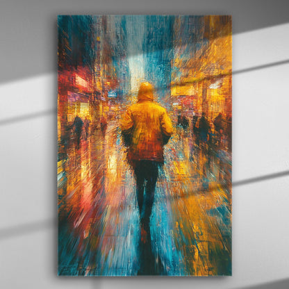 Canvas print of a lone figure in a yellow jacket walking through a colorful, rainy city street at night.