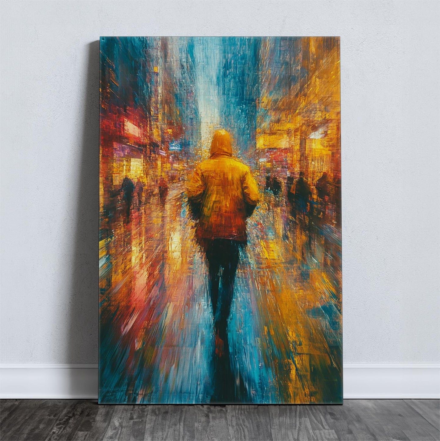 Canvas print of a lone figure in a yellow jacket walking through a colorful, rainy city street at night.