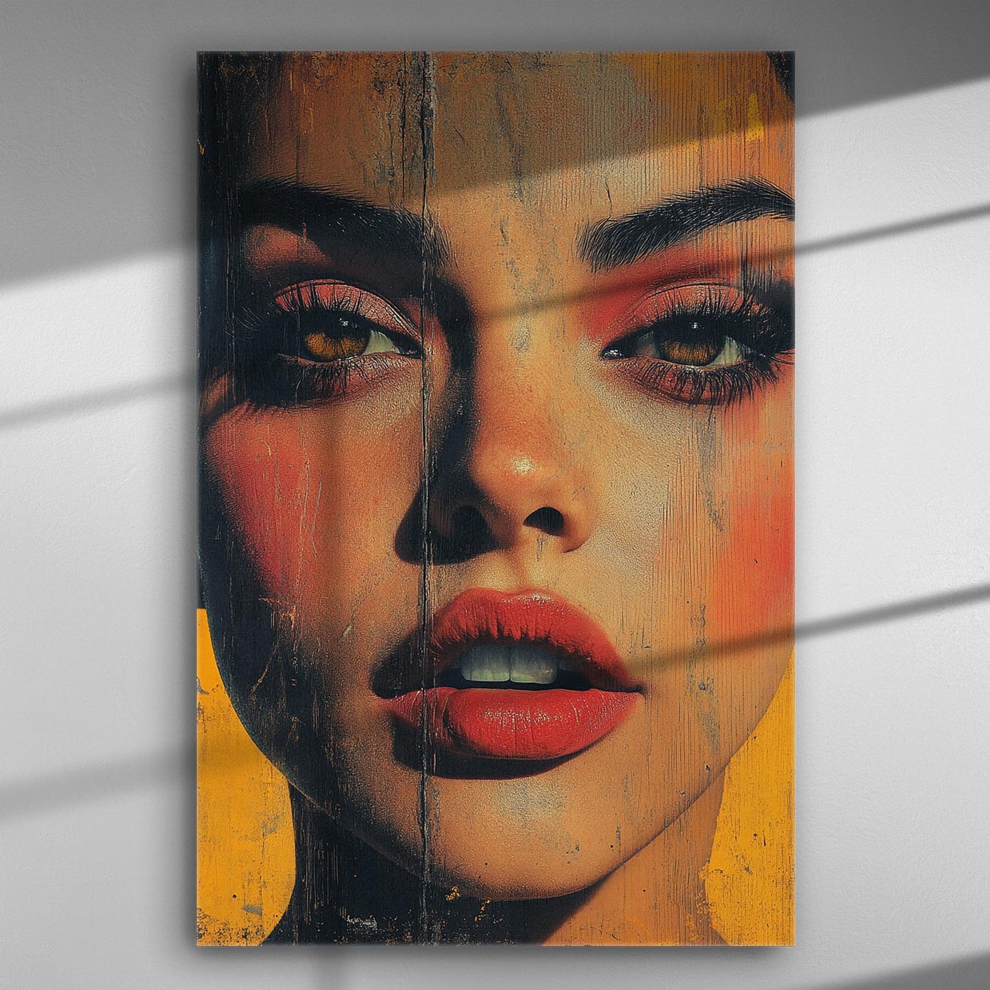 Close-up of a woman's expressive face with red lips on a textured canvas with warm tones.