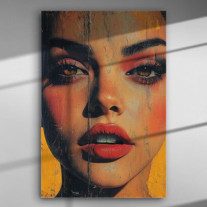 Close-up of a woman's expressive face with red lips on a textured canvas with warm tones.