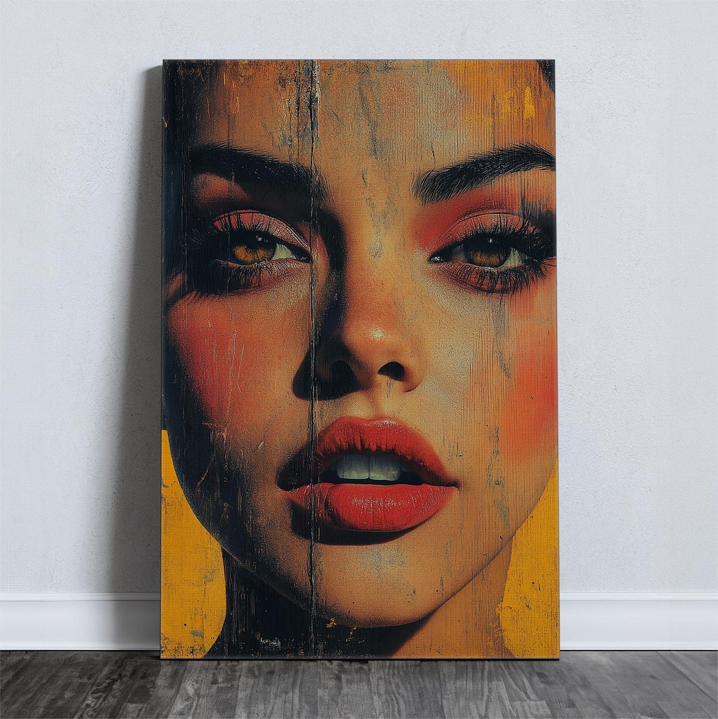 Close-up of a woman's expressive face with red lips on a textured canvas with warm tones.