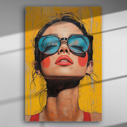 Portrait of a woman with large sunglasses on a bright yellow background, pop art style canvas.