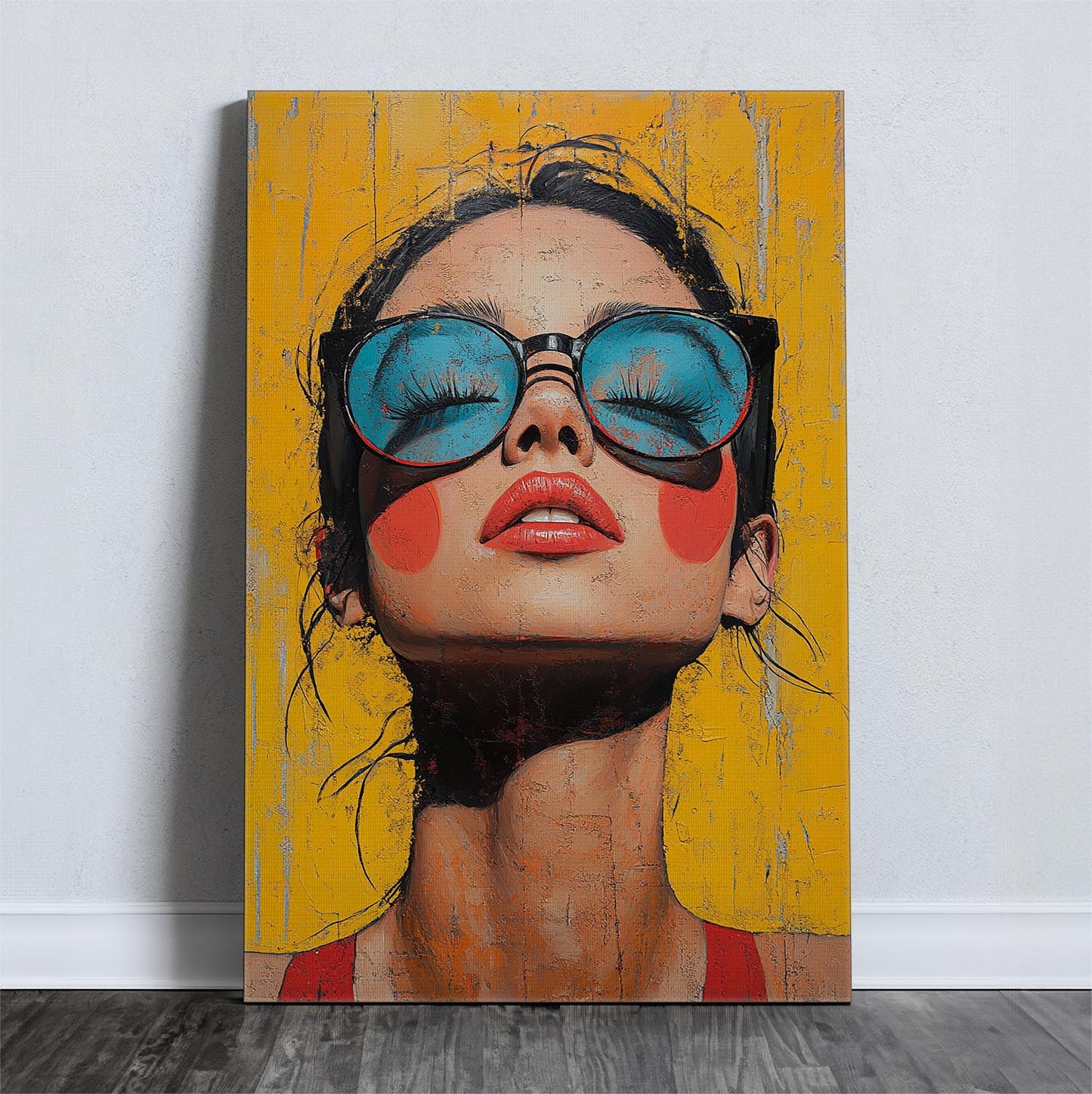 Portrait of a woman with large sunglasses on a bright yellow background, pop art style canvas.