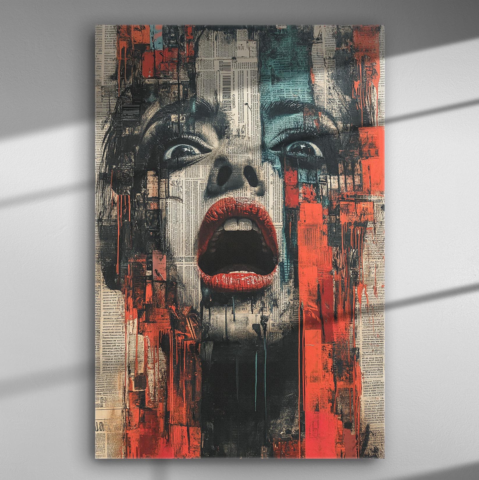 Abstract art canvas with a woman's expressive face, red and black tones, newspaper textured.
