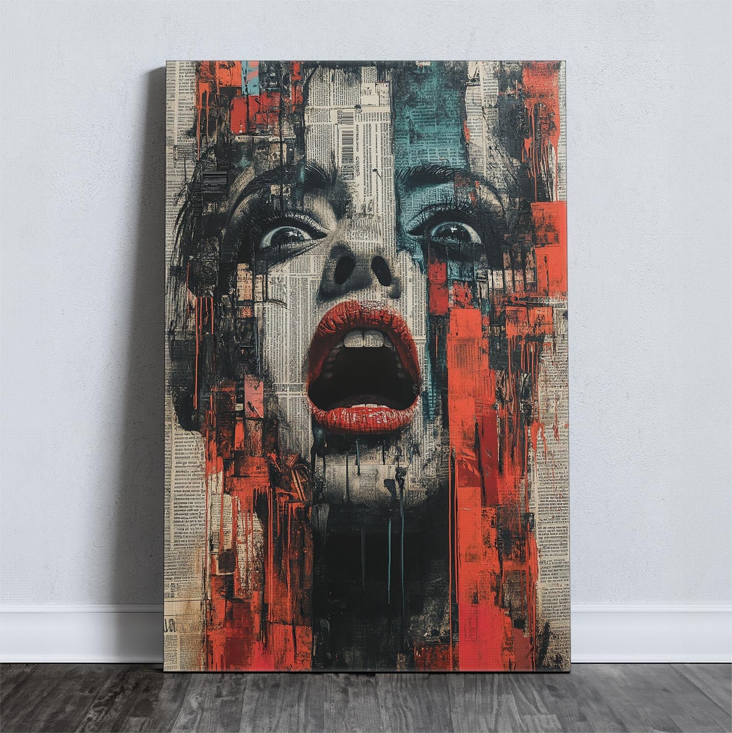 Abstract art canvas with a woman's expressive face, red and black tones, newspaper textured.