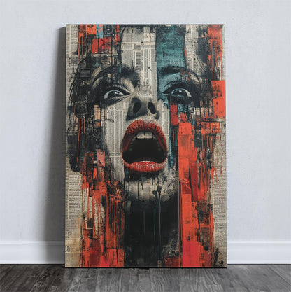 Abstract art canvas with a woman's expressive face, red and black tones, newspaper textured.