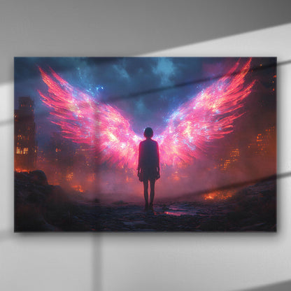 A silhouette with glowing, colorful wings standing in an urban twilight setting, creating a magical and mysterious atmosphere.
