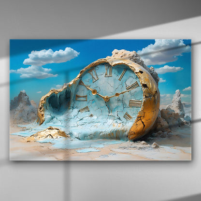 Surreal image of a melting clock in a desert landscape with a bright blue sky and clouds.